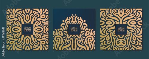 Vector set of luxury golden ornament cards, hand drawn floral motif. Use for invitation, wine label, perfume package, thank you card, etc. Square shape vintage design.