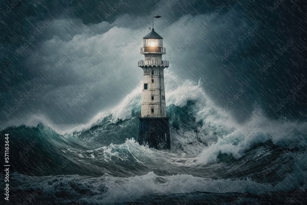 Raging sea high waves and lighthouse, Generative AI