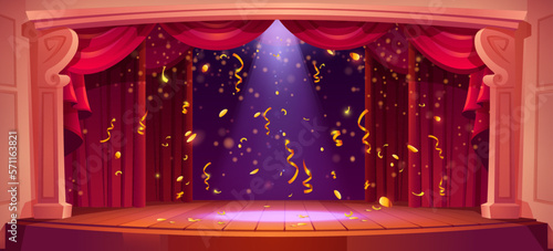 Theater stage with red curtain, light and confetti vector cartoon background. Spotlight on retro scene podium illustration. Theatre wide game design with glitter sparkle. Vintage showtime banner.