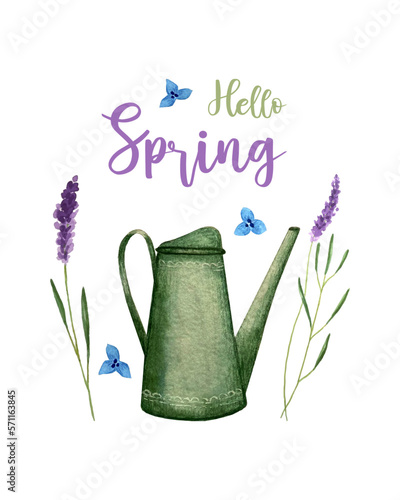 Hello Spring banner with garden watering can, lavender painted in watercolor.