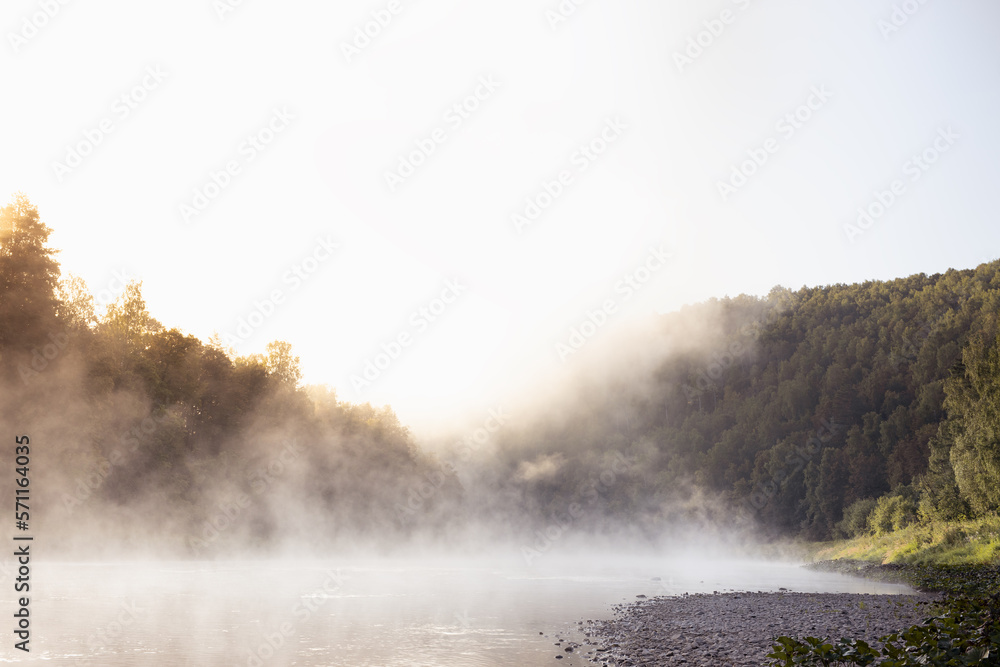Tranquil bright early morning landscape with mist on lake - soft haze on water and lush green forest in golden sunbeams, pebble shore. Breathtaking beautiful sunrise in wild nature for recreation.