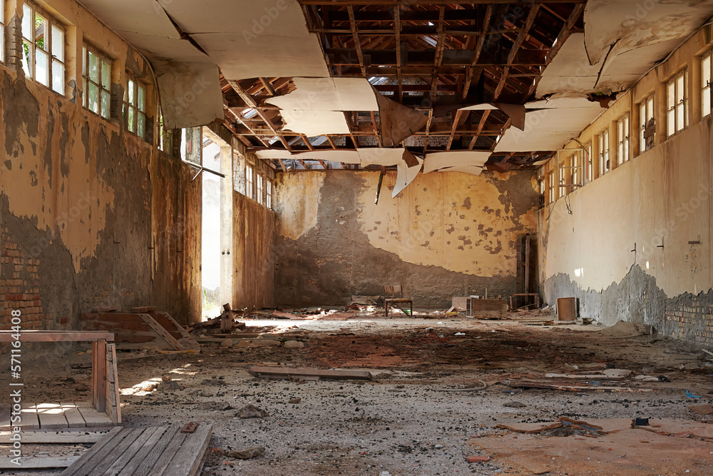 Old destroyed and damaged room in the obsolete building. War and damage concept Old destroyed and damaged room in the obsolete building. War and damage concept