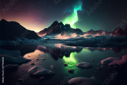 Arctic aurora borealis over night lake in sky, polar lights natural landscape . AI