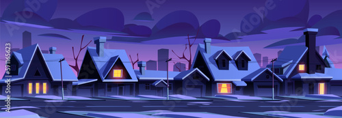 City neighborhood with street, houses and snow at night. Winter landscape of suburban district with cottages, residential buildings and road, vector cartoon illustration