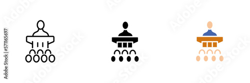 A politician gives a speech to an audience. Polling station, voting, presidential election, bulletin. Vector set of icons in line, black and colorful styles isolated on white background.