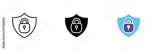 Lock and shield. Personal data security, bank card protection, hacking. Vector set of icons in line, black and red styles isolated on white background.