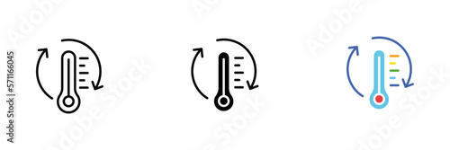 Thermometer icons. Low and high temperatures, climate control, thermostat. Vector set of icons in line, black and red styles isolated on white background.