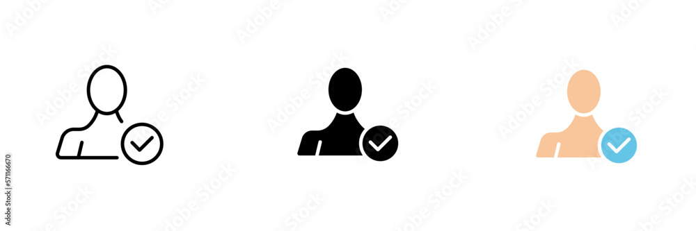 Man with a confirmation checkmark. Verified identity, influencers, bloggers, fraud protection. Vector set of icons in linear, black and red styles isolated on a white background. Man with a confirmation checkmark. Verified identity, influencers, bloggers, fraud protection. Vector set of icons in linear, black and red styles isolated on a white background.
