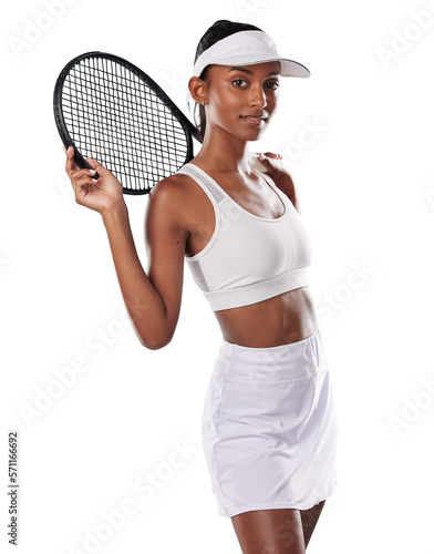 A fit female tennis player in a sports uniform and racket in the hands looking happy and ready to play with a positive attitude. Confident, fit and athletic female isolated on a png background. © peopleimages.com