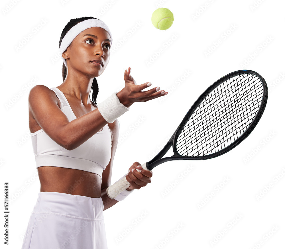 A confident professional female tennis player in attitude holding a racket  and ready for a game. Sporty, active and healthy athlete preparing for a  serious competition isolated on a png background. Stock