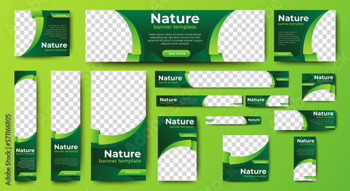 Nature banner design web template Set, Horizontal header web banner. Modern Gradient green cover header background for website design, Social Media Cover ads banner, flyer, invitation card