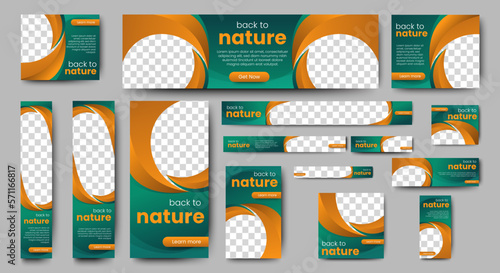 Nature banner design web template Set, Horizontal header web banner. Modern Gradient green cover header background for website design, Social Media Cover ads banner, flyer, invitation card