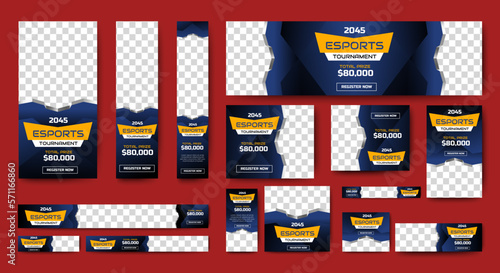 Esports Tournament Banner templates with standard size and place for photos. Online games advertising layout. Vertical, horizontal and square template