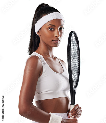 A serious tennis player, athlete or sports person training for game or match. Fitness, confident and athletic lady posing with a racket for competition isolated on a png background. © peopleimages.com