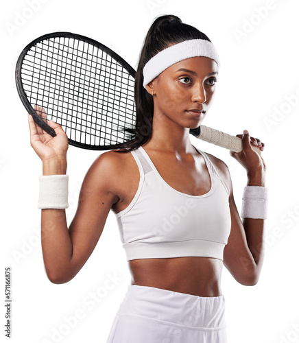 A female tennis player with a racket practicing to play a sports match. Fit, active and professional woman in sport with a fitness and healthy lifestyle training isolated on a png background. © peopleimages.com