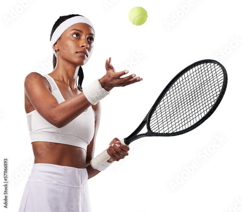 A confident professional female tennis player in attitude holding a racket and ready for a game. Sporty, active and healthy athlete preparing for a serious competition isolated on a png background. photo