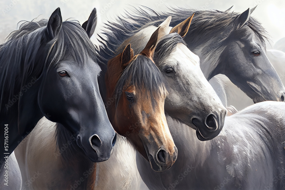 A group of horses standing together in a field, their heads close as ...