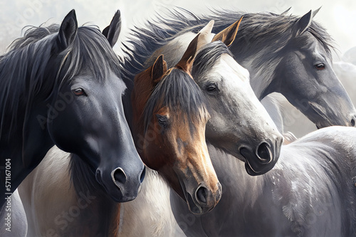 A group of horses standing together in a field, their heads close as they nuzzle each other affectionately, generative ai