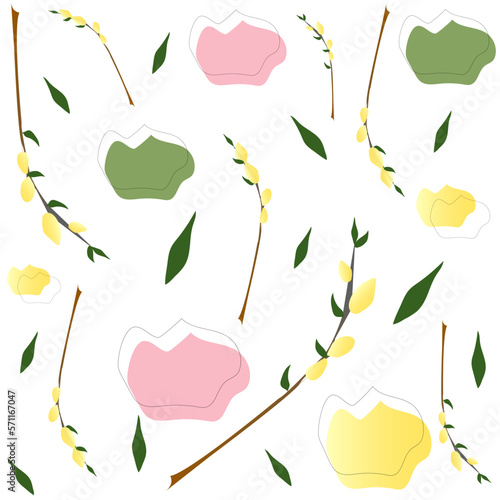 Seamless vector spring pattern, floral wallpaper easter bouquet of plants willow seals and multicolored watercolor brush strokes
