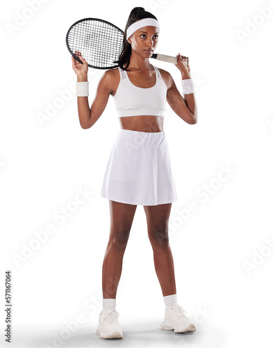 A fit tennis player or sports athlete training for a game. Motivation, fitness and a focus on health, exercise and wellness. A healthy African girl standing with a racket isolated on a png background. © peopleimages.com