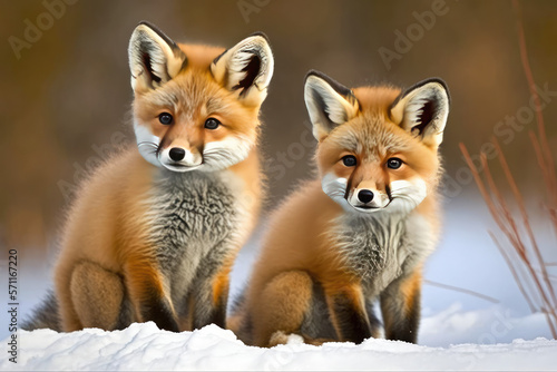 2 baby fox in a snow winter, generative Ai picture.