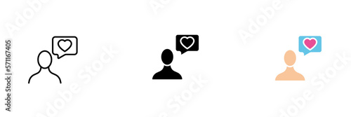 Icons of people with a bubble in which there is a heart. Dating sites, relationship, valentine's day. Vector set icon in line, black and colorful styles isolated on white background