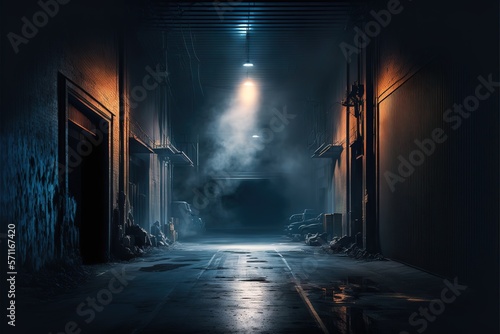 A dark empty street, dark blue background, an empty dark scene, and flames are burning,The asphalt floor with smoke float up the interior texture. night view