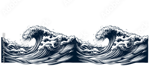 Sea wave with foam hand drawn sketch illustration