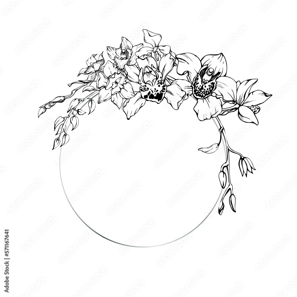 Hand drawn vector ink orchid flowers and branches, monochrome, detailed outline. Circle wreath composition. Isolated on white background. Design for wall art, wedding, print, tattoo, cover, card.