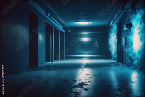 A dark empty street  dark blue background  an empty dark scene  neon light  spotlights The asphalt floor and studio room with smoke float up the interior texture. night view