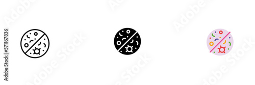 Crossed out virus icon. Covid 19, vaccination, disease protection, lockdown. Vector set icon in line, black and colorful styles isolated on white background