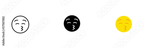 Kiss emoji. Communication, chats, emoticons, networking, good mood. Vector set of icons in linear, black and red styles isolated on a white background.