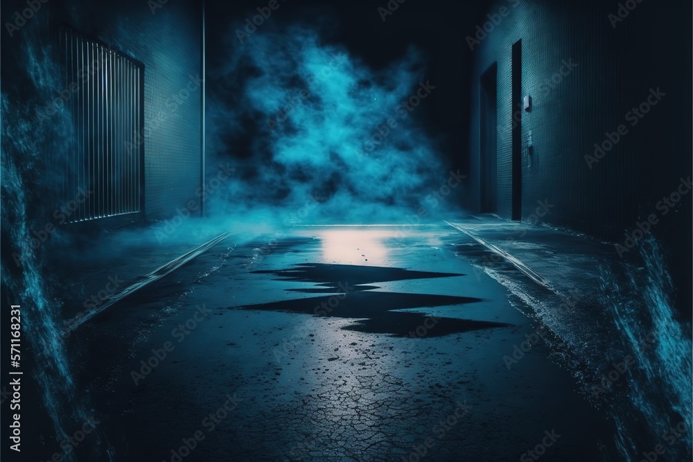 Dark street, asphalt abstract dark blue background, empty dark scene, neon light, spotlights The concrete floor and studio room with smoke float up the interior texture for display products
