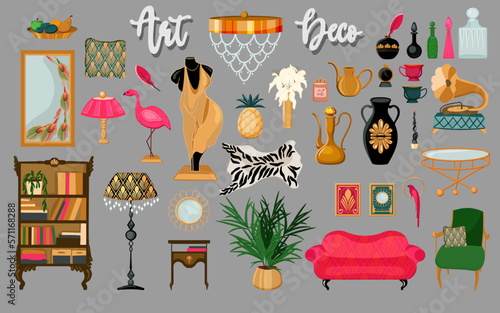A collection of interior elements in art deco style. Art Nouveau style. Zebra skin, sofa, armchair and vintage mirrors. Gold dishes and carafes made of colored glass. Fashion style stickers