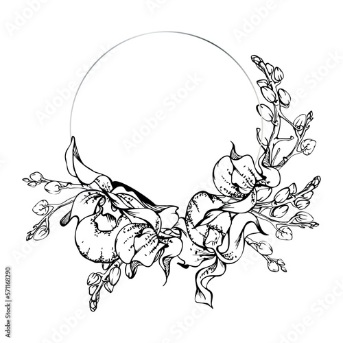 Hand drawn vector ink orchid flowers and branches, monochrome, detailed outline. Circle wreath composition. Isolated on white background. Design for wall art, wedding, print, tattoo, cover, card.