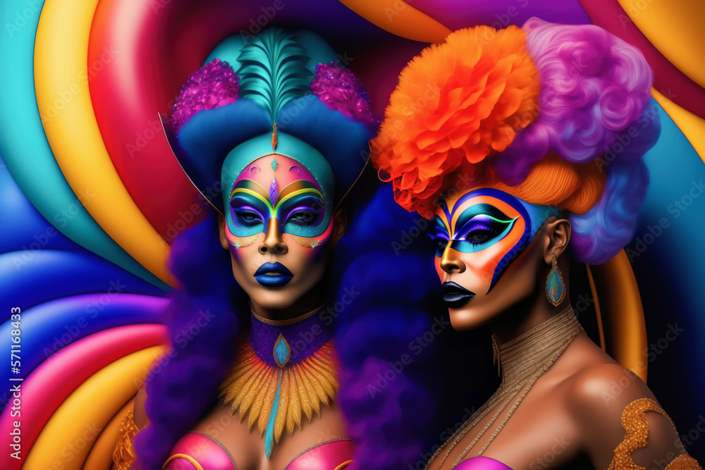 Drag queens actress in glamorous dresses and carnival masks for show party. Man in bright fantasy costumes for a magical parade carnival. Generative ai