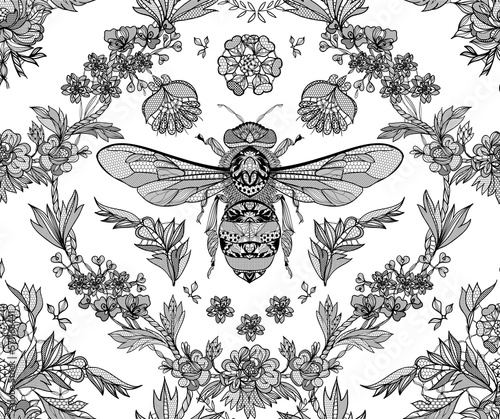 Seamless lace ornament. bees. Vector illustration