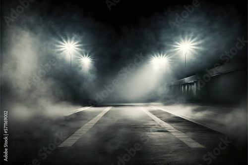 Dark empty street with smoke float up on dark background and spotlights on concrete floor, nightclub entertainment