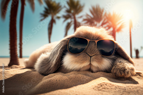 Fluffy lop-eared rabbit in sunglasses enjoys the sun on the beach. Easter holiday concept. Created with Generative AI. © smiltena