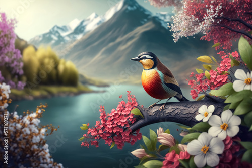 Spring season concept. 3D bird in nature with tree flower river and mountain abstract background. Generative ai © tonktiti