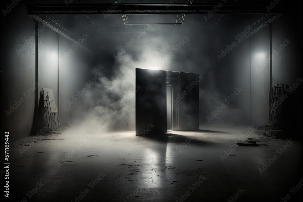 The dark stage shows, dark background, an empty dark scene, neon light, and spotlights The concrete floor and studio room with smoke float up the interior texture for display products