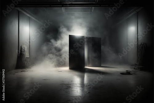 The dark stage shows  dark background  an empty dark scene  neon light  and spotlights The concrete floor and studio room with smoke float up the interior texture for display products