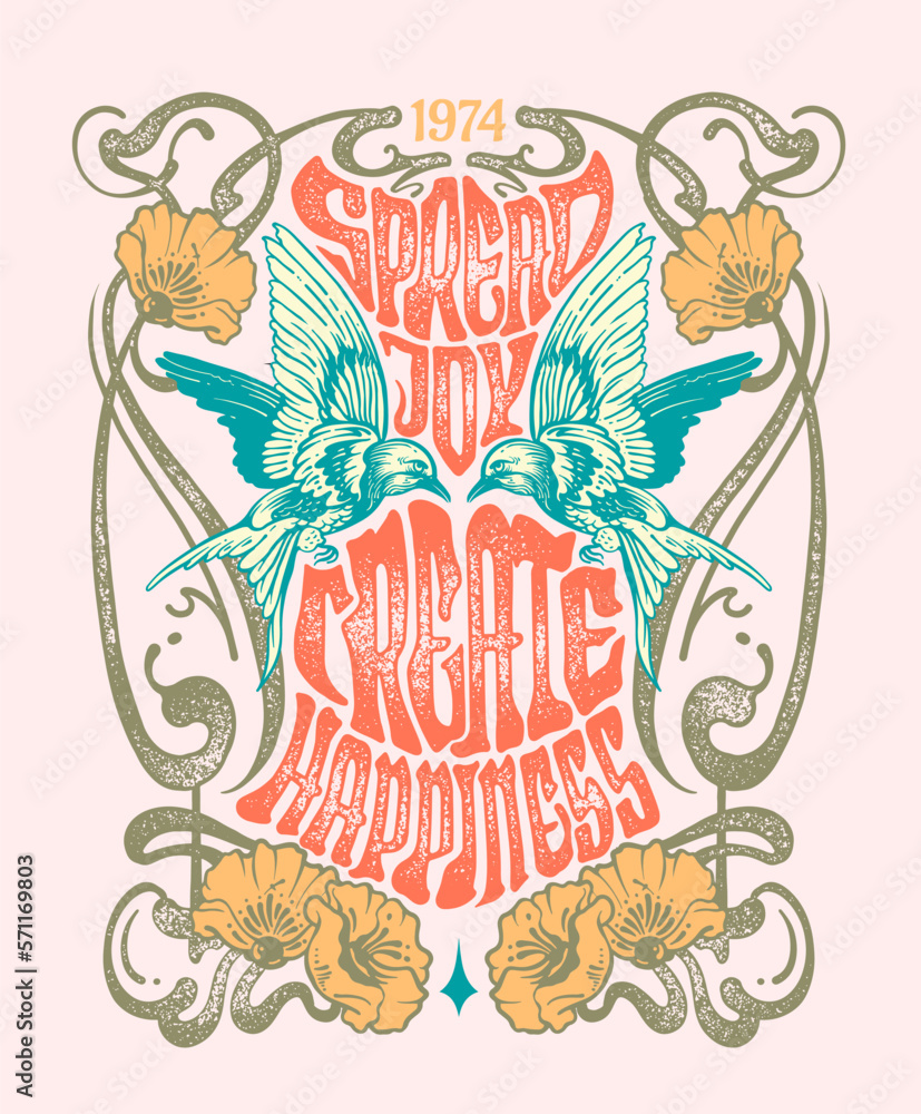 a vintage inspired design in Art Nouveau poster style with a bird