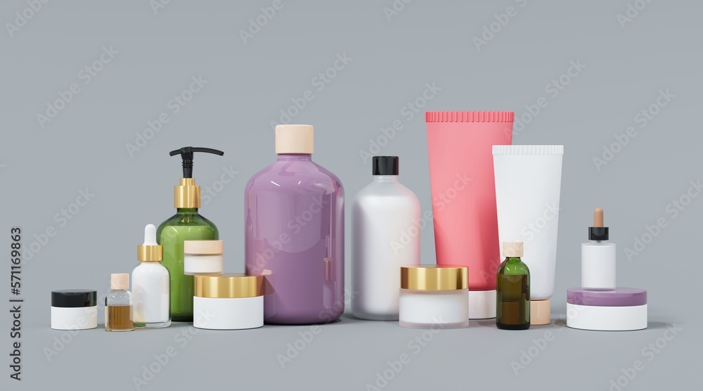 Skincare and beauty products on gray studio background 3D render Skincare and beauty products on gray studio background 3D render