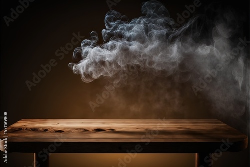 Empty wooden table with smoke float up on dark background, perspective wooden floor shelf table, used as a studio background wall to display your products