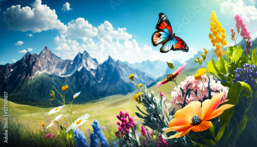 Spring season nature concept. Colorful flowers and butterflys on blue sky white clouds and mountain abstract background. Generative ai