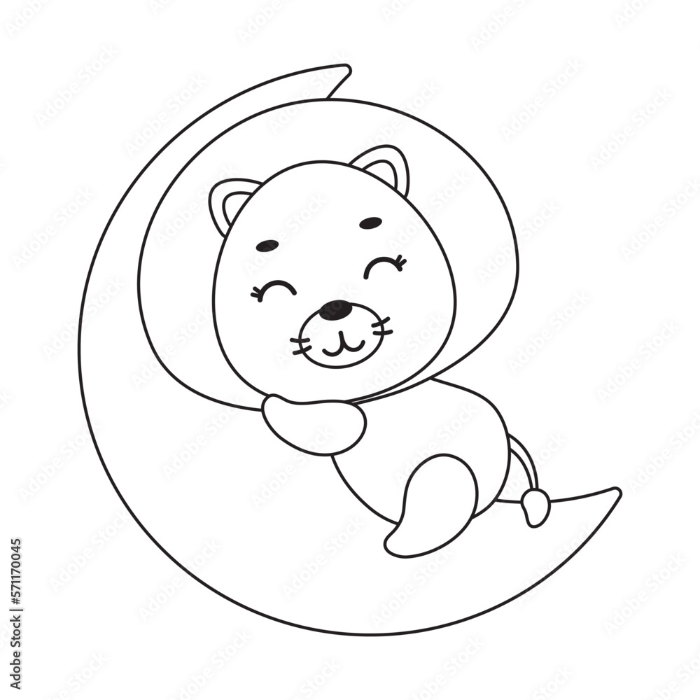 Obraz premium Coloring page cute little lion sleeping on moon. Coloring book for kids. Edulionional activity for preschool years kids and toddlers with cute animal. Vector stock illustration