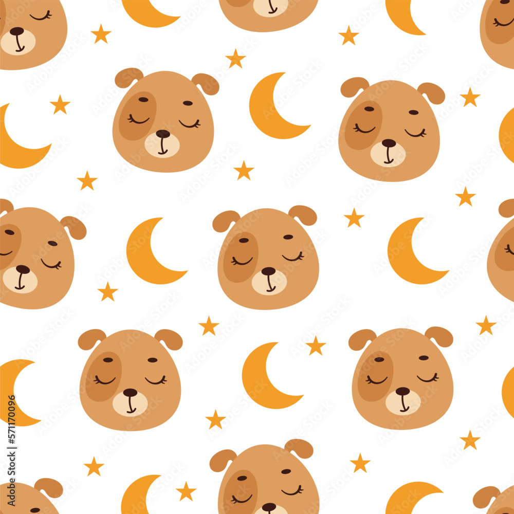Cute little slipping dog head seamless childish pattern. Funny cartoon animal character for fabric, wrapping, textile, wallpaper, apparel. Vector illustration