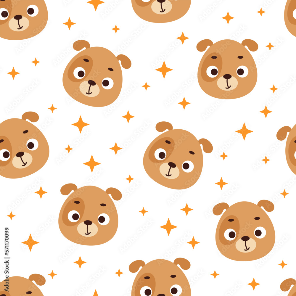 Cute little dog head seamless childish pattern. Funny cartoon animal character for fabric, wrapping, textile, wallpaper, apparel. Vector illustration Cute little dog head seamless childish pattern. Funny cartoon animal character for fabric, wrapping, textile, wallpaper, apparel. Vector illustration