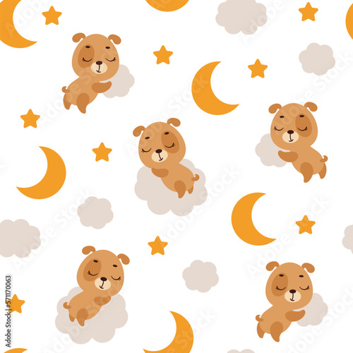 Cute little dog sleeping on cloud seamless childish pattern. Funny cartoon animal character for fabric, wrapping, textile, wallpaper, apparel. Vector illustration © Jexy